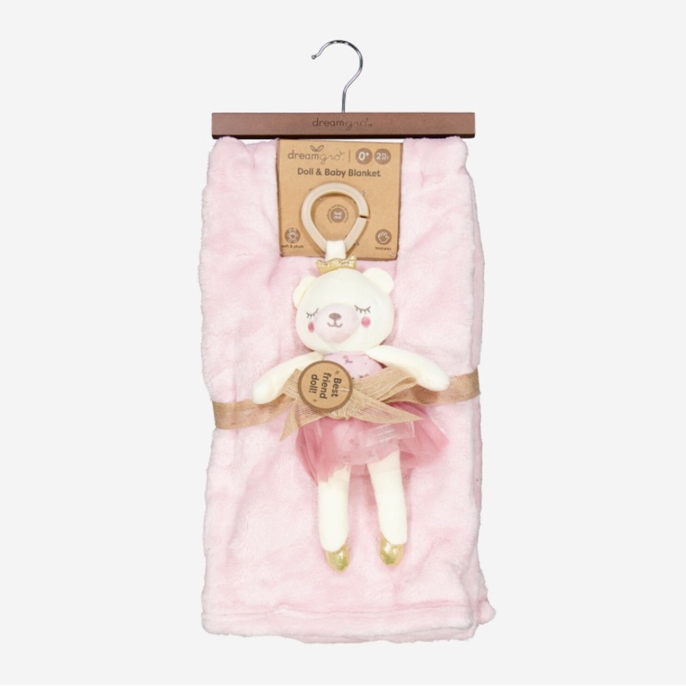Dream Gro Pink Baby Blanket & Plush Doll Set | Soft Nursery Gift